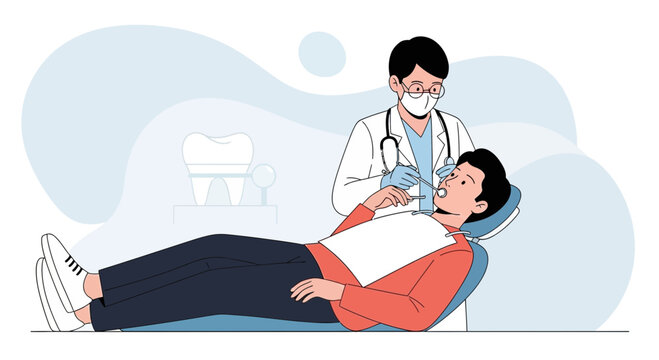 Dentist examining patient's teeth, dental care vector illustration, hygiene concept