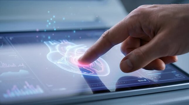 Finger Touching Medical Tablet Screen Displaying 3D Hologram Of Human Heart