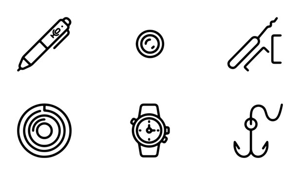 Set of 6 Simple Line Icons: Pen, Button, Lock Pick, Target, Watch, Fishing Hook