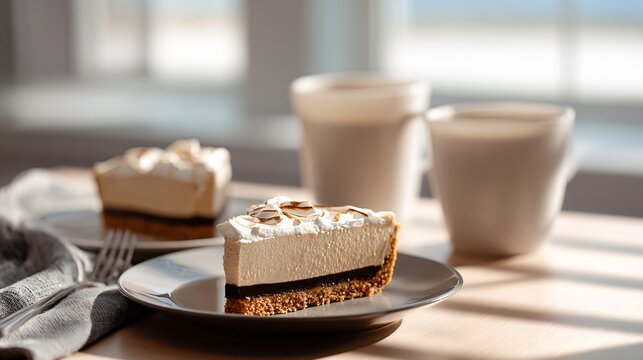 A lifestyle dessert scene with black bottom pie served on a table with coffee cups and natural daylight streaming in from a window