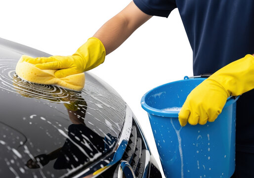 Hand washing a car with a bucket of soapy water isolated on transparent background