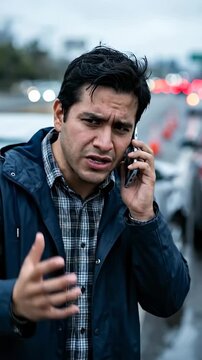 A distressed man, caught in a traffic jam on a rainy day, speaks urgently on his mobile phone, his expression reflecting frustration and concern.