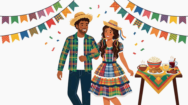 A couple in traditional Festa Junina attire, featuring plaid patterns and straw hats, dance under festive bunting, with a table laden with traditional food and drinks.