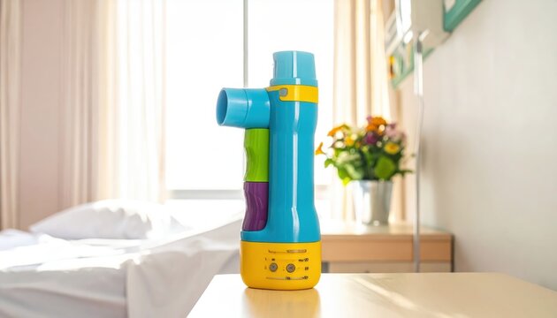 Colorful Incentive Spirometer Device for Lung Exercise Resting on a Patient's Bedside Table in a Healthcare Setting