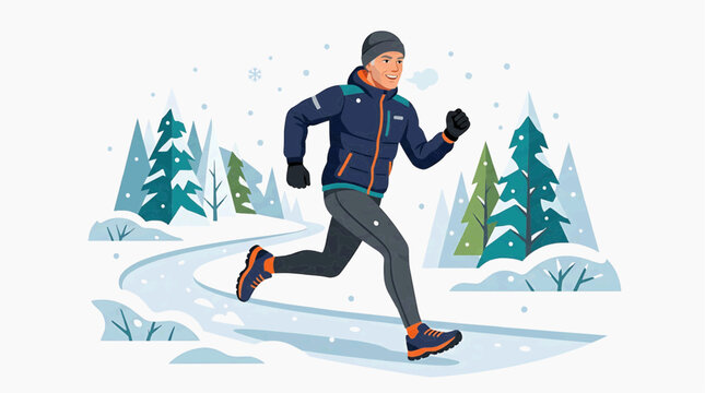 A fit man runs outdoors during winter, wearing warm athletic clothing and a hat, amidst snow-covered pine trees and a winding path.