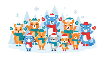 Naklejka premium Cute Cartoon Forest Animals in Winter Clothes, Happy Holiday Characters Vector Illustration