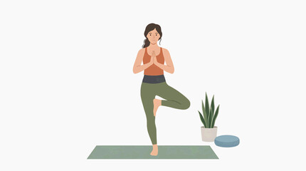 Fototapeta premium A serene woman practices tree pose, a symbol of balance and grounding, on a yoga mat in a tranquil, minimalist setting. Her hands are pressed together at her heart center.