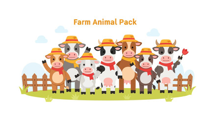 Naklejka premium Cute Cows Cartoon Vector, Farm Animals Set with Funny Characters
