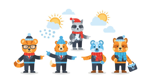 Cute cartoon woodland animals dressed in winter clothes, pointing, with sun and clouds