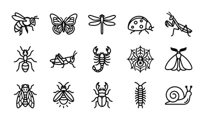 Insect Icons Set: Vector Illustrations of Bees, Butterflies, Dragonflies, Ladybugs, Praying Mantis, Ants, Grasshoppers, Scorpions, Spiders, Moths, Flies, Beetles, Centipedes, Snails © Sifat