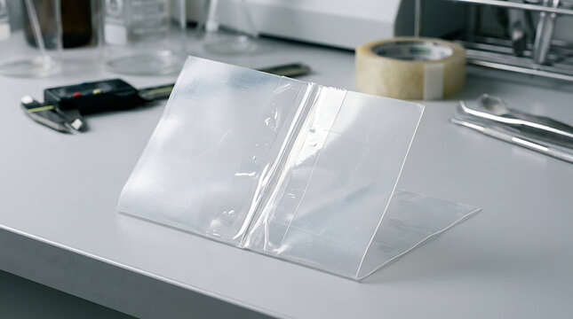Clear plastic tape forming a flexible hinge on a laboratory surface, representing adaptable solutions