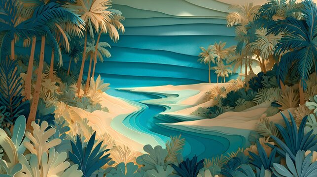 切り絵風の幻想的な南国リバー風景