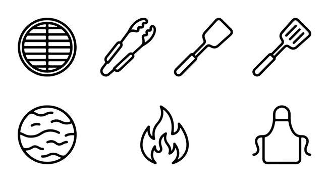 Barbecue Grill Icons Set, Cooking Utensils, Food Tongs, Spatula, Apron, Flame, Vector Graphics