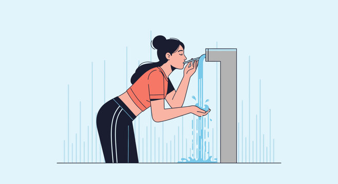 Woman drinking from faucet, fresh water, healthy lifestyle