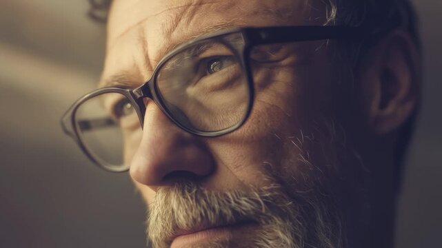 A man with glasses is seen in a room during daylight. He appears deep in thought, showing different angles of his face and expression