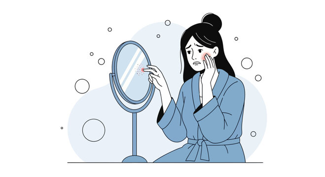 Woman examining face pimples in mirror, skincare concerns, illustration