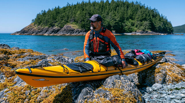 Sea kayaker pulling loaded touring kayak above tide line on uninhabited coastal island, dry bags and camping kit arranged on barnacled rock beside vessel, evergreen headland and sheltered cove formi
