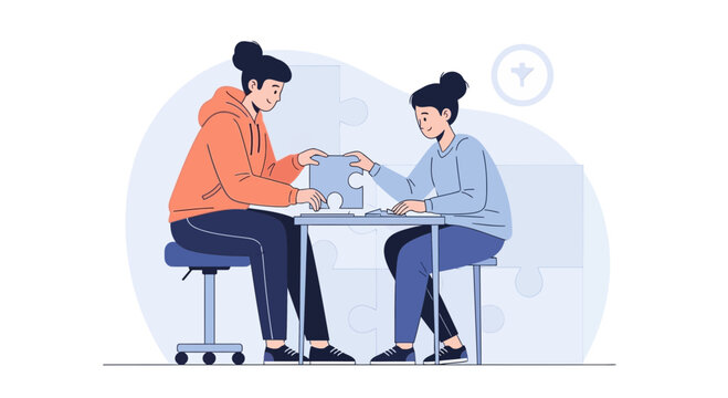 Two women assembling puzzle pieces, teamwork and collaboration concept