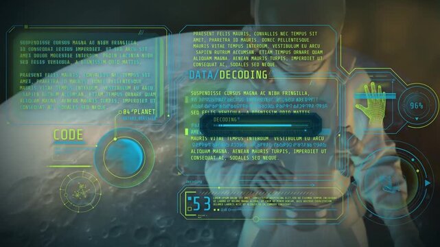 Astronaut interacting with a futuristic HUD interface on a spaceship, decoding data over a planetary surface in space.