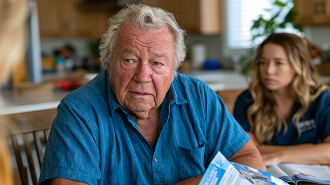 Skeptical elderly man sitting across kitchen table from community health outreach worker during vaccination hesitancy home visit, folded pamphlets between them, tense but respectful dialogue visible