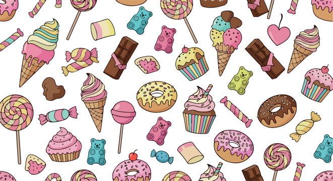 Cute Sweet Candyland Doodle Seamless Vector Pattern Design Illustration