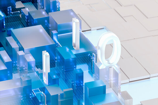 3D glowing binary data city with blue blocks and digital grid