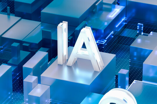 3D AI data district with luminous blocks and blue grid