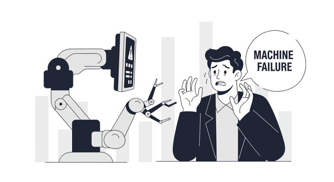 Robot Arm Malfunction and Scared Man - Machine Failure Concept