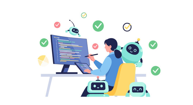 Woman programmer coding with robots and computer screen.