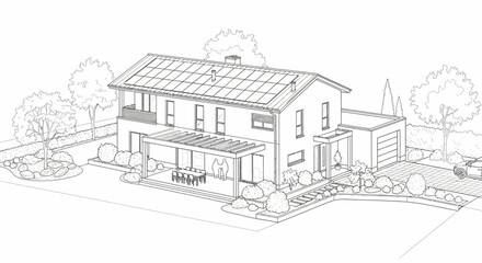 Fototapeta premium Architectural line drawing of a modern house with solar panels, a pergola, and a landscaped garden.