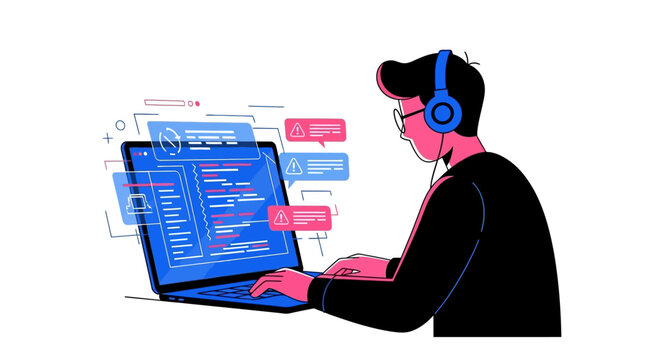 Young man wearing headphones coding on a laptop computer.