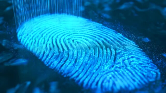 A close-up of a fingerprint is illuminated by blue light in a lab. The unique patterns of the fingerprint are visible as the light highlights the ridge details