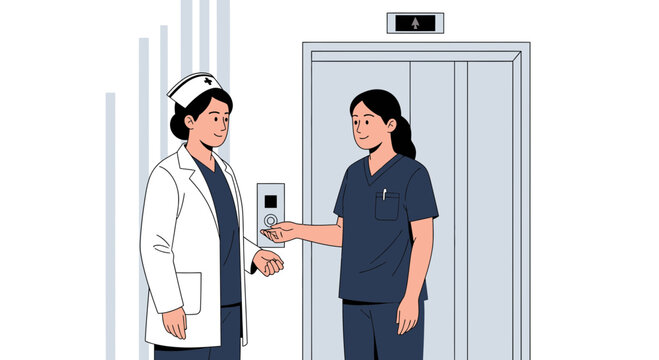 Nurses waiting at elevator doors, healthcare workers in hospital corridor with elevator