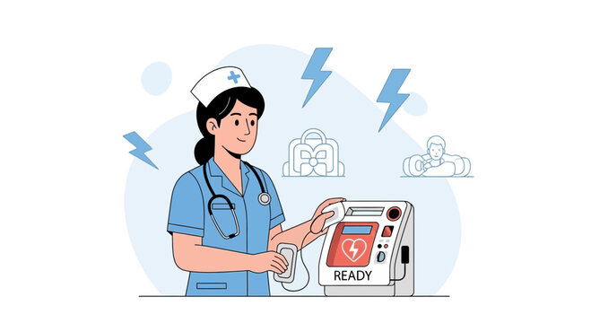 Nurse using AED device, emergency medical care concept