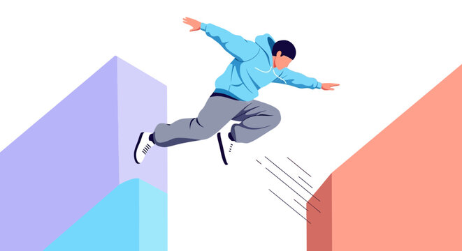 Young man performing parkour jump between buildings.