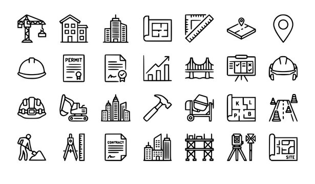 Modern property development outline icon set with construction architecture engineering and infrastructure symbols