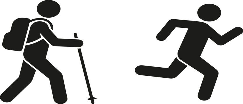 Hiking and Running Stick Figure Silhouette Vector Icon Set Featuring Backpacking Traveler and Jogging Athlete for Outdoor Sports and Active Fitness Designs