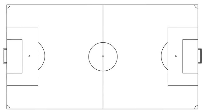 Detailed top-down view of a soccer football field diagram outline illustration, blank sports ground vector art