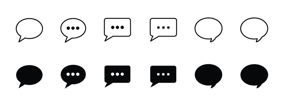 Chat icon set with outline and filled speech bubbles for messaging, communication apps, and feedback interface design.