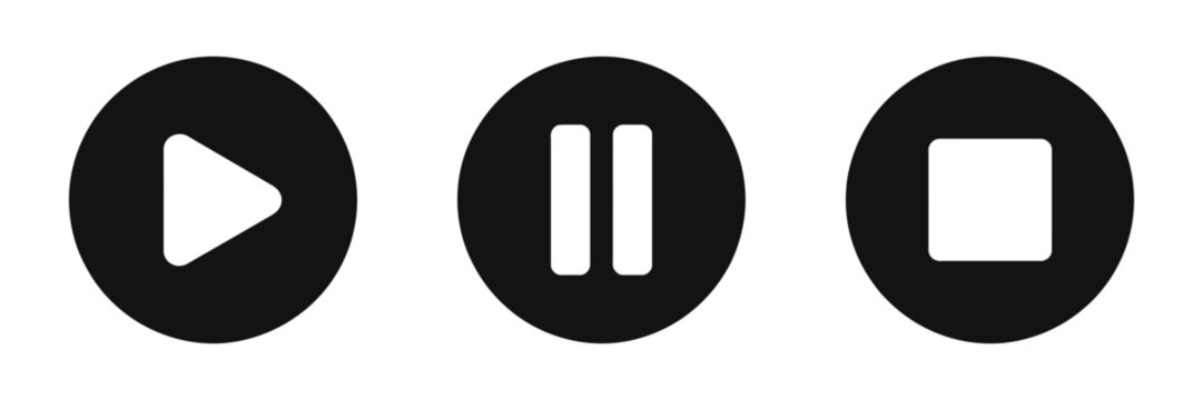 Play pause stop media icons, audio video player button styles, modern user interface symbols for recording, streaming platforms and mobile applications.