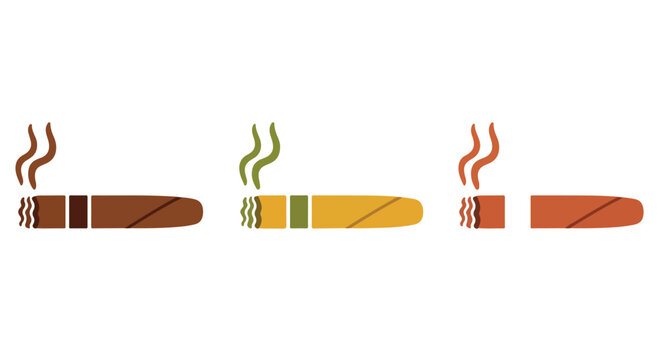 Set of three colorful cigarettes with smoke rising, representing smoking, tobacco, and health awareness