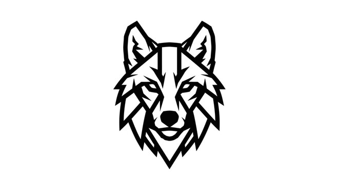 Strong geometric wolf head illustration in black and white. Stylized minimalist wild animal mascot and predator design element.