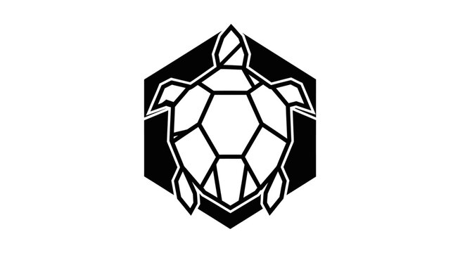 Geometric polygon turtle icon in a black hexagon, modern vector illustration for wildlife, marine life, or abstract design