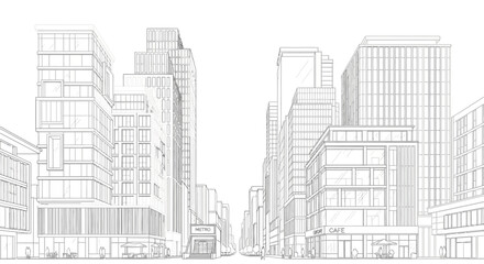 Fototapeta premium Detailed line drawing of a modern city street with tall buildings and urban architecture.