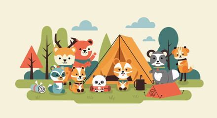 Fototapeta premium Cute Woodland Animals Camping Adventure - Childish Forest Scene with Tent and Wildlife