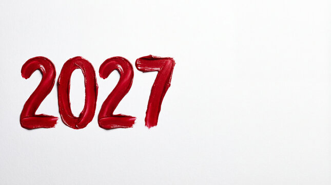 2027 written in red lipstick texture on white background bold cosmetic swatch beauty trend fashion launch creative greeting minimal copy space design commercial beauty campaign copy space
