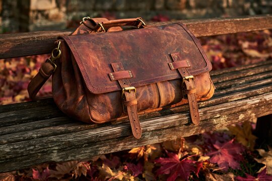 Vintage-Schulranzen aus braunem Leder mit Messingschnallen auf einem Holzzaun im Herbstlaub