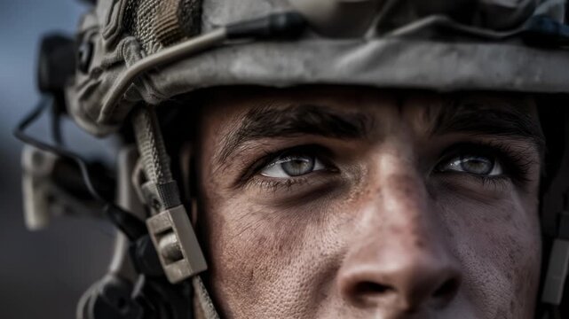 A soldier focuses intently during training exercises. The soldier&rsquo;s eyes reflect determination and readiness for upcoming tasks. The environment shows signs of rugged terrain