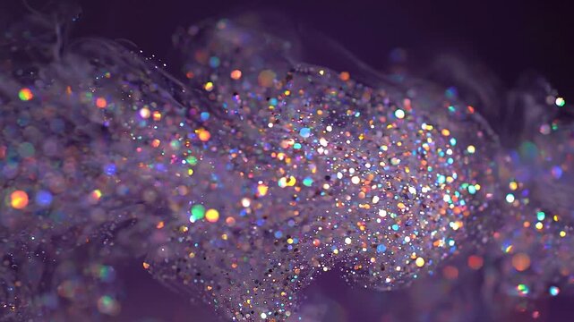 Iridescent Glitter and Paint Swirling in Purple Liquid, Macro Slow Motion Abstract Background