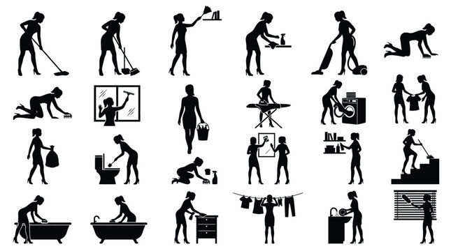 Black silhouette vector illustration set showing women performing various essential household cleaning and chores tasks daily